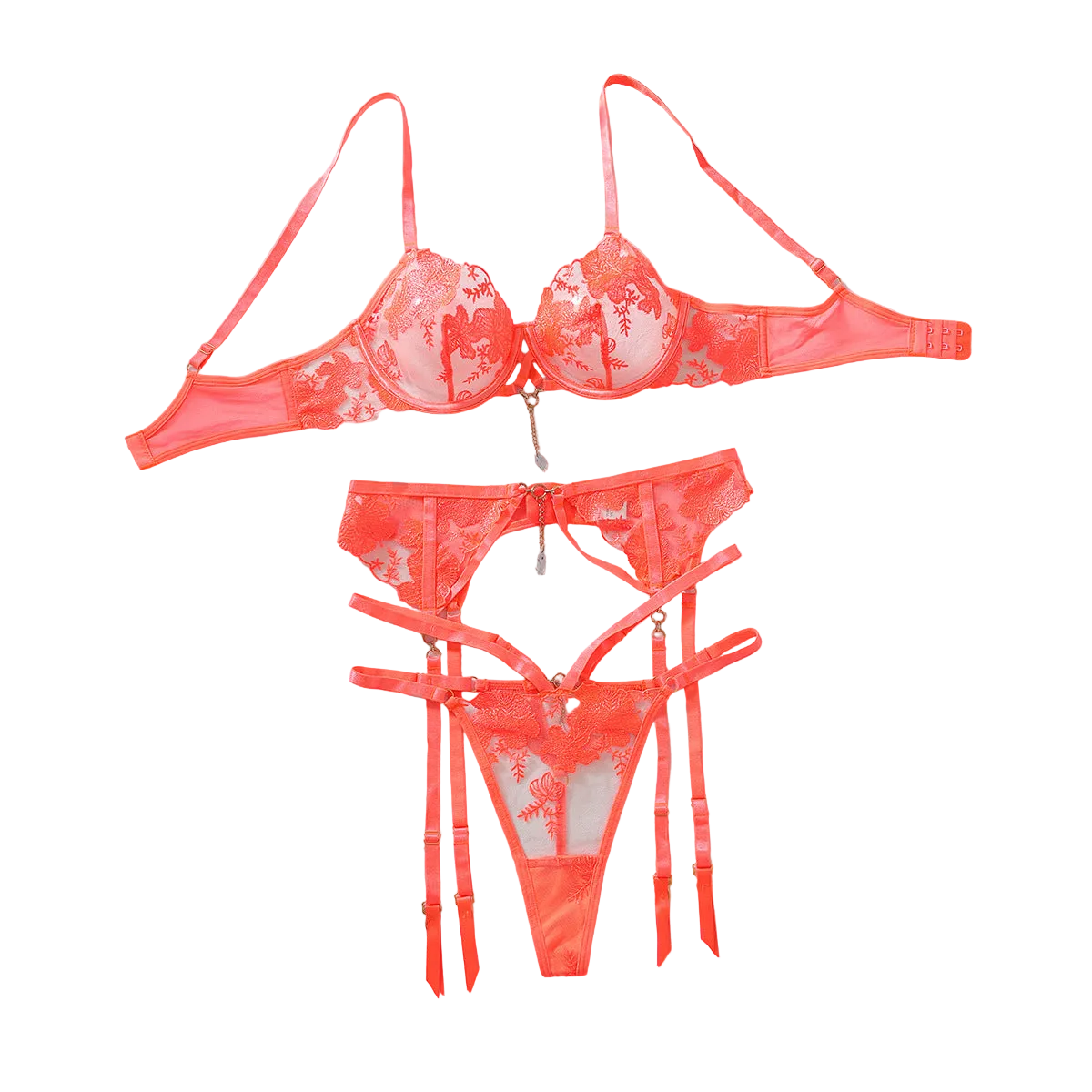 House Of Dasein Embroidered Mesh Perspective Sexy Gathering Lingerie Three Piece Set - Fluorescent Orange - S