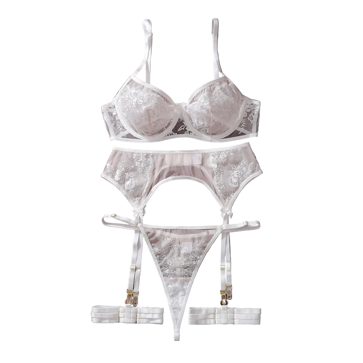 House Of Dasein Embroidered Sexy Bra Set With Mesh And Perspective Lingerie Underwear - White - M