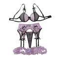 House Of Dasein Color Blocking Mesh Bra Set With Hollowed Out Perspective And Fun Lingerie Underwear 4 Piece - Dark Purple - M