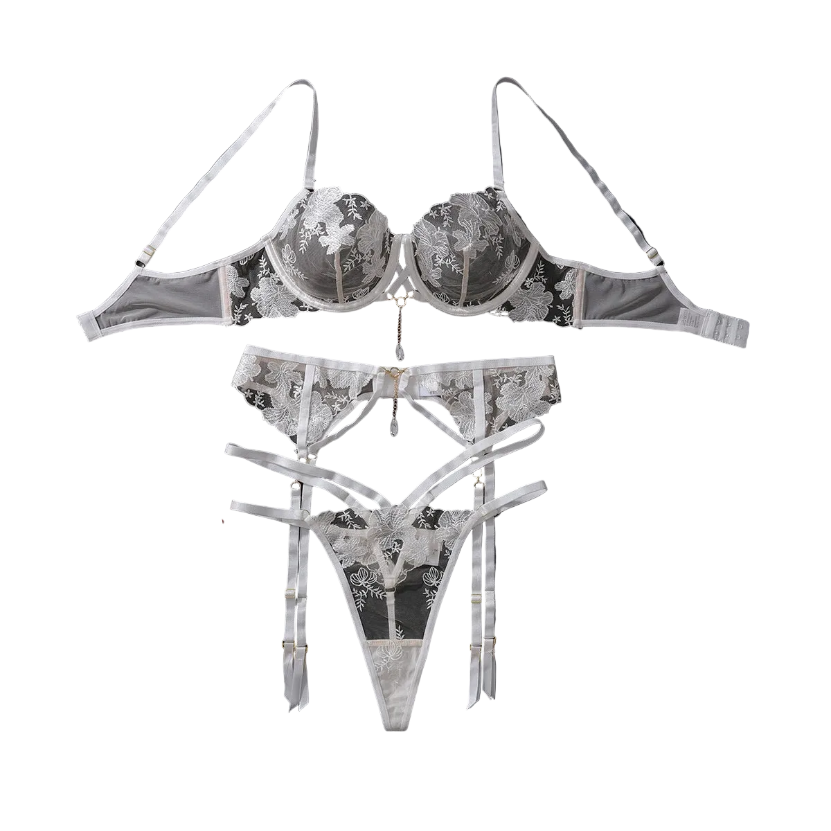 House Of Dasein Embroidered Mesh Perspective Sexy Gathering Lingerie Three Piece Set - White - M