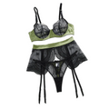 House Of Dasein Color Blocking Splicing Sexy Bra Set Mesh Transparent Hollow Out Erotic Lingerie Three Piece - Black Green - S