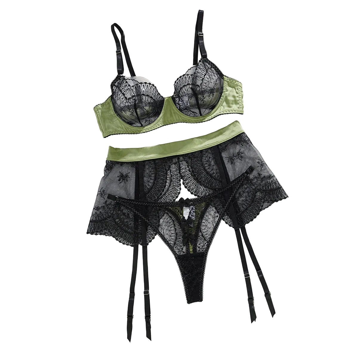 House Of Dasein Color Blocking Splicing Sexy Bra Set Mesh Transparent Hollow Out Erotic Lingerie Three Piece - Black Green - S