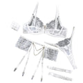 House Of Dasein Elegant 3 Piece Set For Women Transparent Sexy Embroidered Chain Lace Underwear Suit - White - L