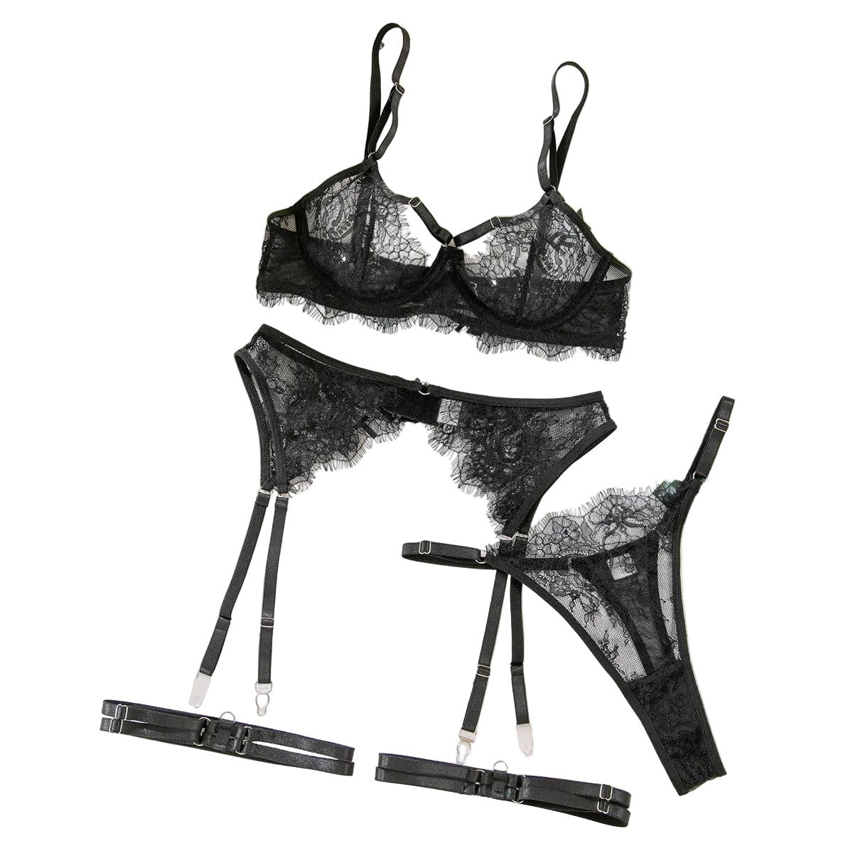 House Of Dasein Cross-Border Sexy Lingerie Temptation Set Seductive French Eyelash Lace Hollow-Out Bra Garter Belt Four-Piece - L