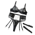 House Of Dasein Elegant 3 Piece Set For Women Transparent Sexy Embroidered Chain Lace Underwear Suit - Black - L