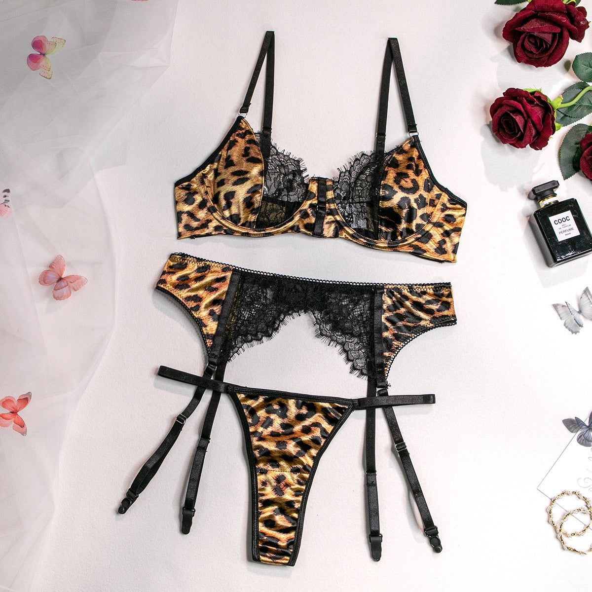 House Of Dasein Internet Celebrity Hot Selling Sexy Wild Leopard Lace Splicing Comfortable Three-Piece Set - Leopard Print - L