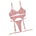 House Of Dasein Flocked Heart 3 Piece Sexy Women's Lingerie Garter Belt Cute Girl Set - Pink - S