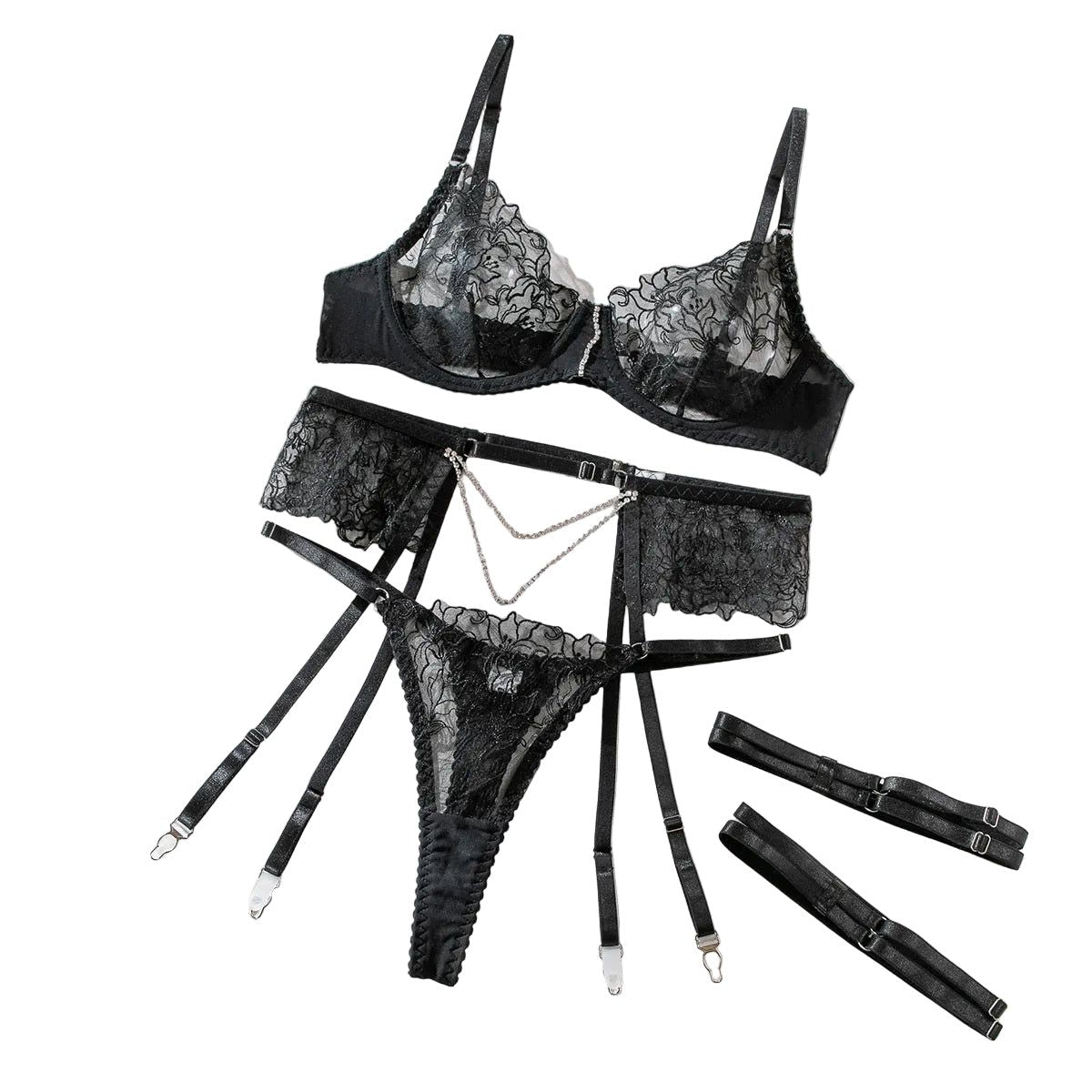 House Of Dasein Elegant 3 Piece Set For Women Transparent Sexy Embroidered Chain Lace Underwear Suit - Black - M