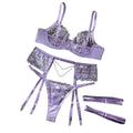 House Of Dasein Elegant 3 Piece Set For Women Transparent Sexy Embroidered Chain Lace Underwear Suit - Light Purple - M