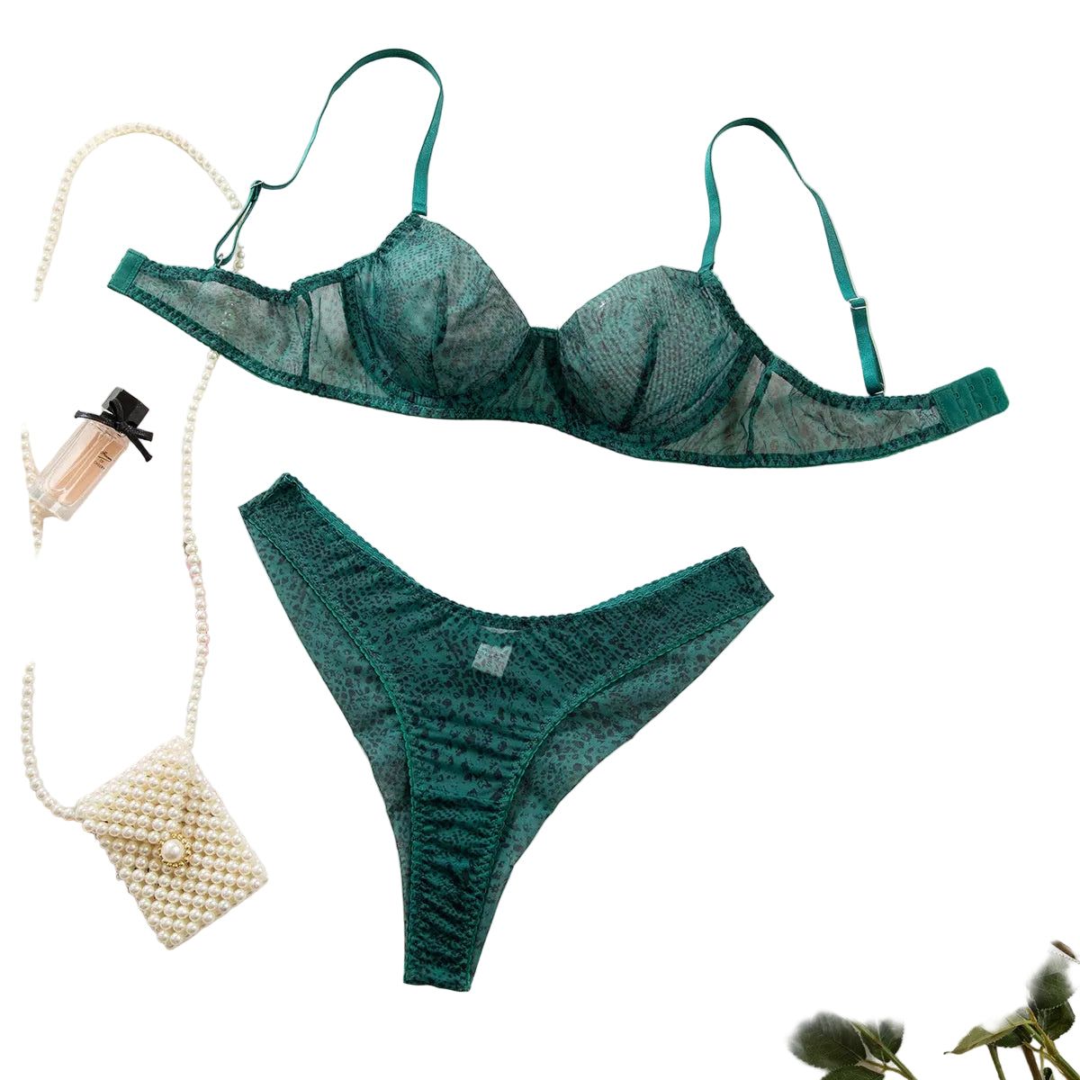House Of Dasein Green Leopard Print Bra Underwear Sexy Hollow Thin Cup With Steel Ring Comfortable Erotic Set For Women - Green - Xl