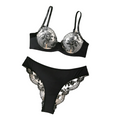 Sexy Embroidered Bra Underwear Ultra Thin Mesh Splicing Large Chest Minimizer Women's Transparent Two Piece Set - Black - L