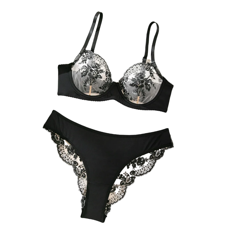 Sexy Embroidered Bra Underwear Ultra Thin Mesh Splicing Large Chest Minimizer Women's Transparent Two Piece Set - Black - Xl