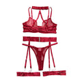Necklace Bra Set Ultra Thin Mesh Transparent Sexy Strap Metal Buckle Tempting Lingerie - Wine Red - S