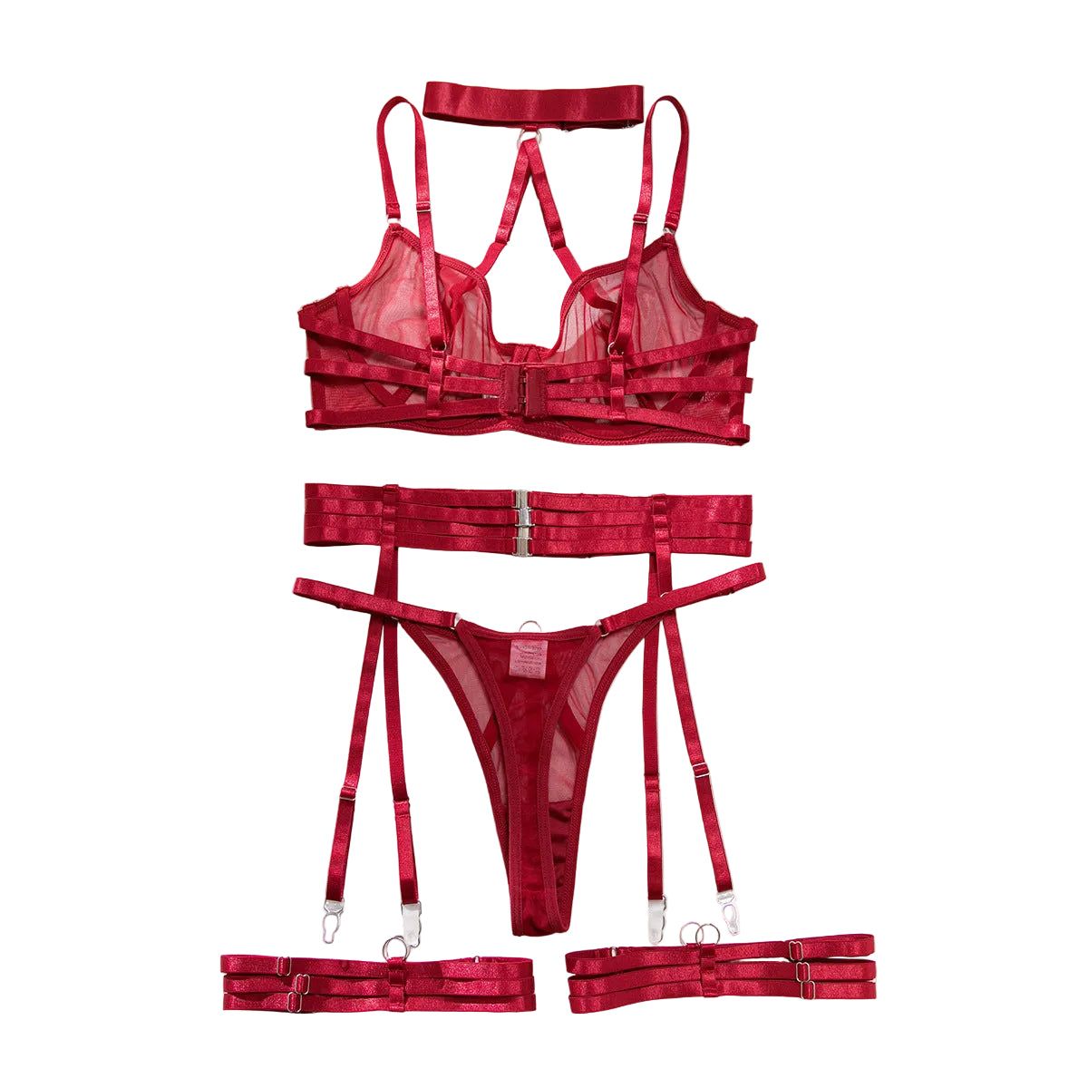 Necklace Bra Set Ultra Thin Mesh Transparent Sexy Strap Metal Buckle Tempting Lingerie - Wine Red - S