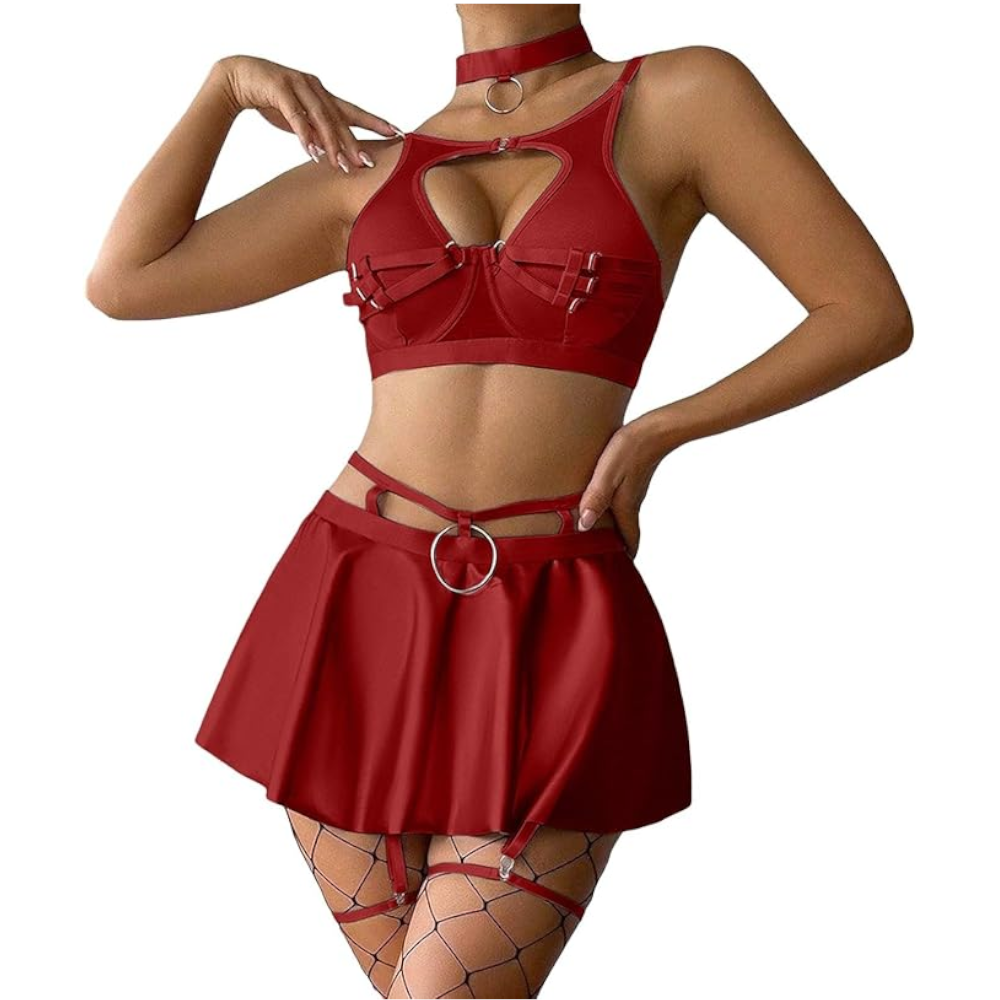 Lace Erotic Lingerie Set Sexy Bra Solid Color Leather - Red - S