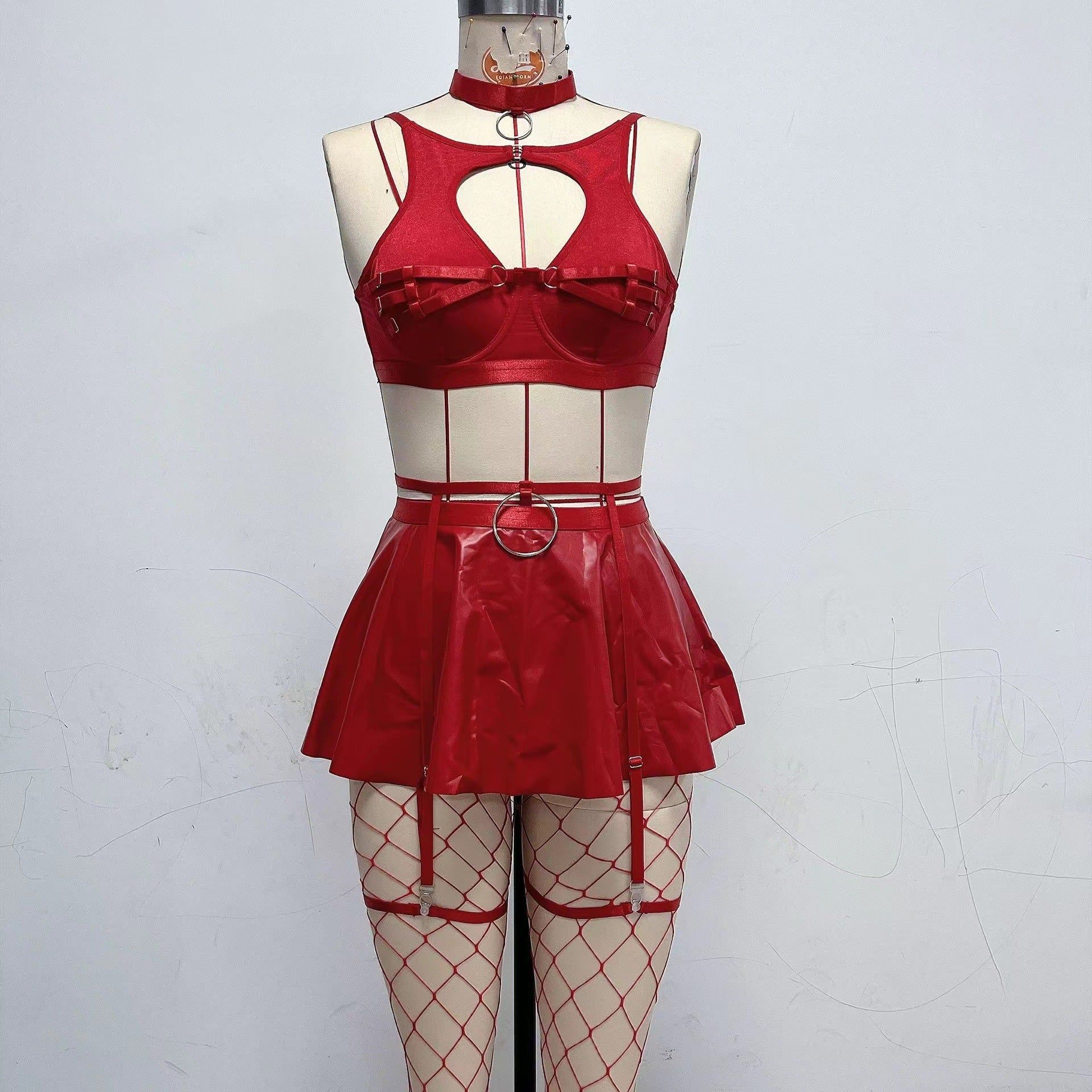 Lace Erotic Lingerie Set Sexy Bra Solid Color Leather - Red - Xl