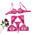 House Of Dasein Love Embroidery Perspective Mesh Sexy Lingerie Thong Set - Rose Red - S