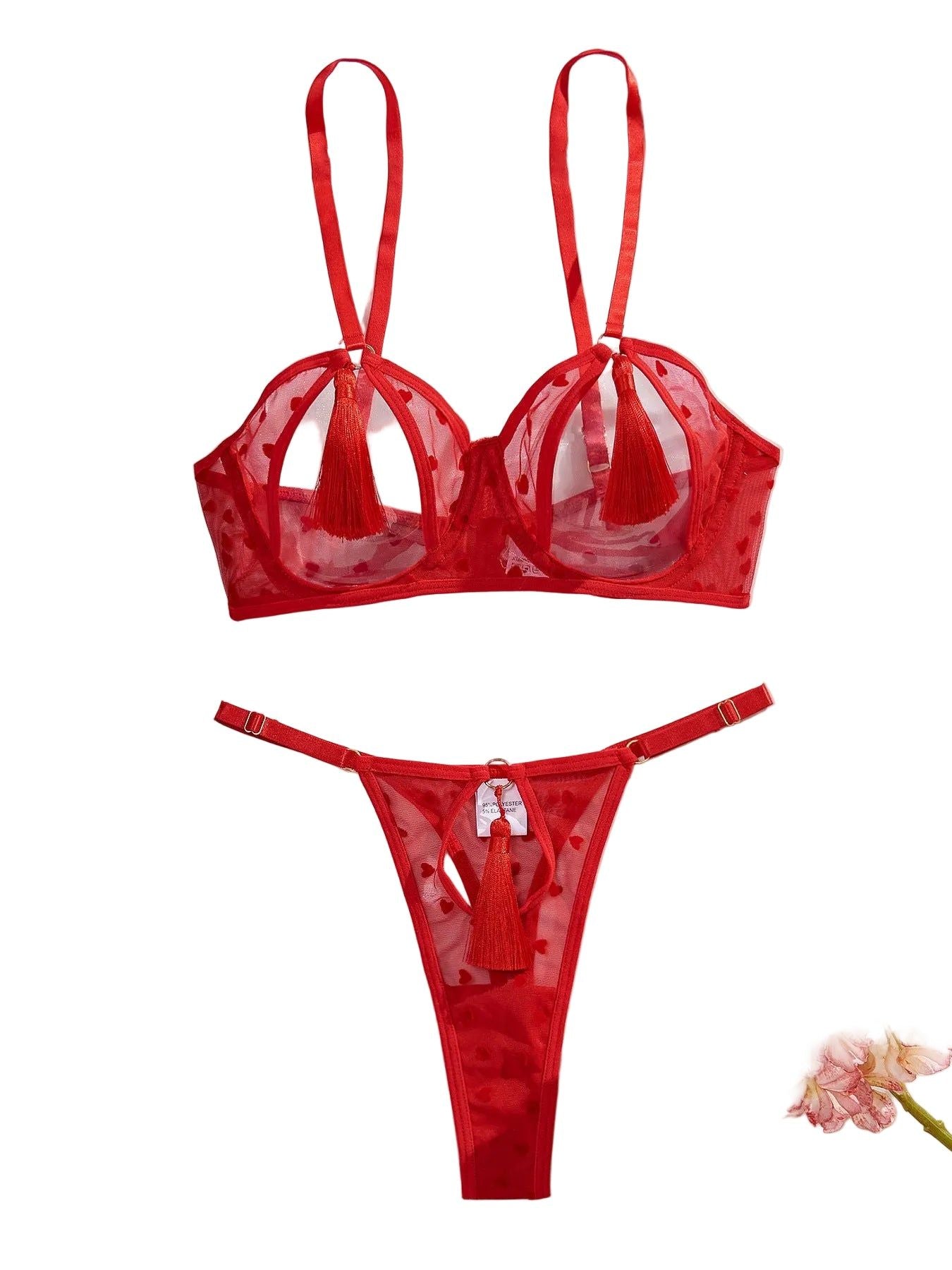 House Of Dasein Love Perspective Mesh Sexy Tassel Fun Hollow Underwear Two Piece Set For Women - Red - S