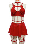 House Of Dasein Lace Sexy Lingerie Set Bra Solid Color Leather Skirt With Fishnet Stockings Women's - Red - Xl