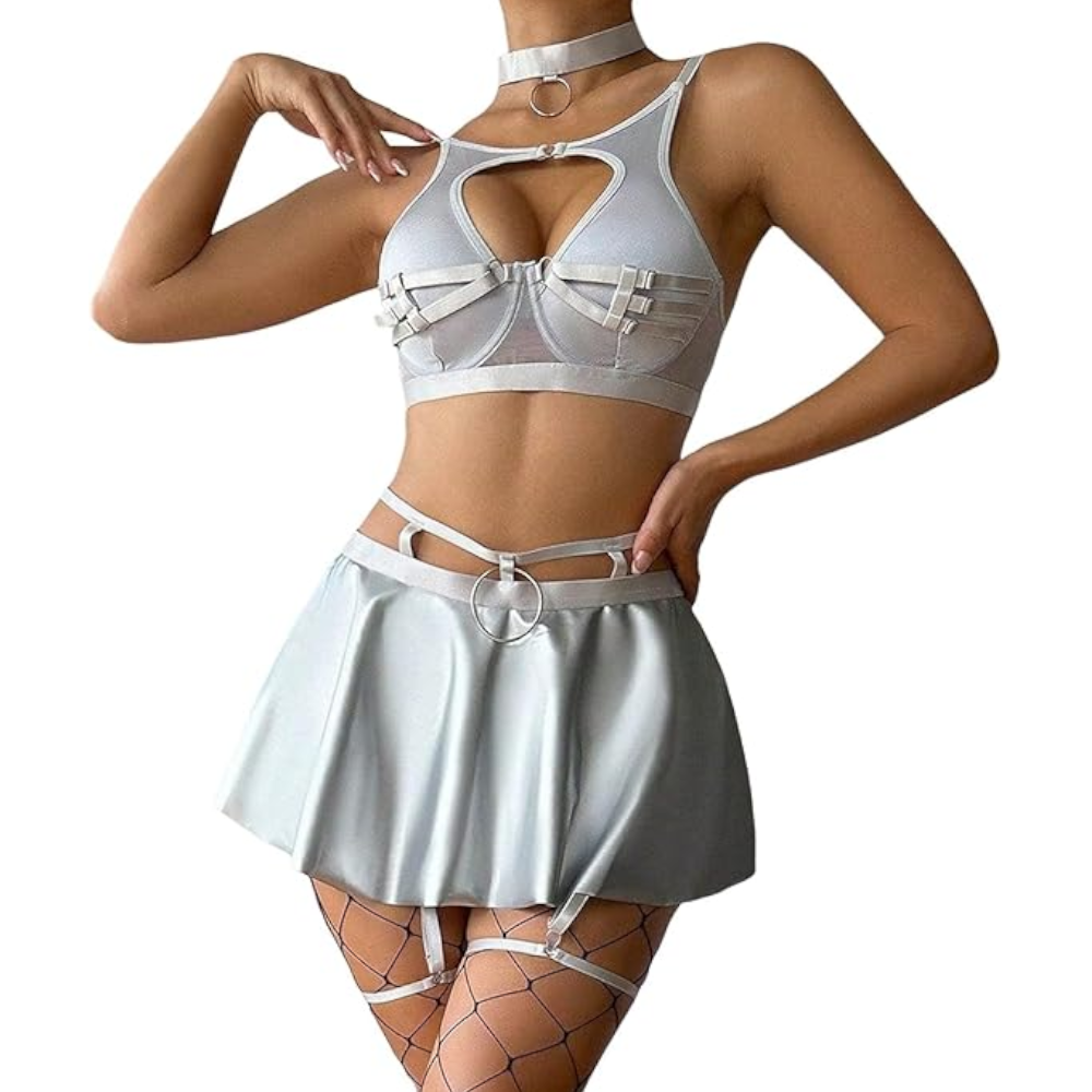 Lace Erotic Lingerie Set Sexy Bra Solid Color Leather - Silver - Xl
