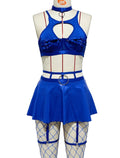 House Of Dasein Lace Sexy Lingerie Set Bra Solid Color Leather Skirt With Fishnet Stockings Women's - Blue - S