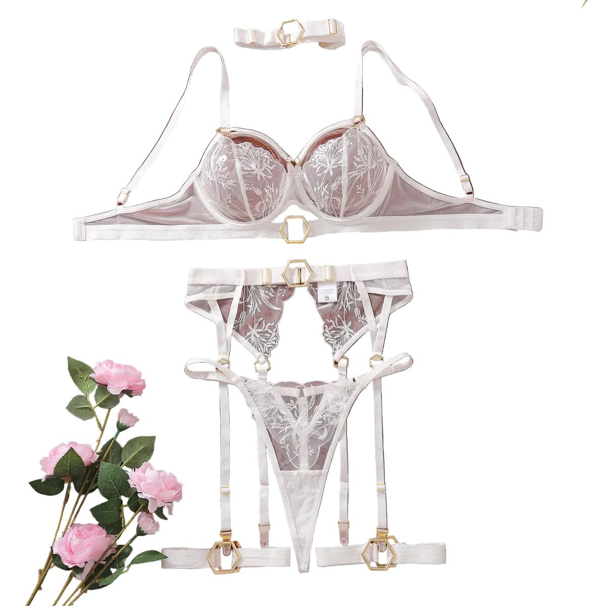 House Of Dasein Metal Buckle Embroidery Mesh Splicing Heavy Duty Erotic Lingerie Five Piece Set - White - L