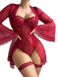 House Of Dasein Lace One Piece Sleepwear Flare Sleeve Sexy Belted Lingerie Set With Stockings For Women - Wine Red - S