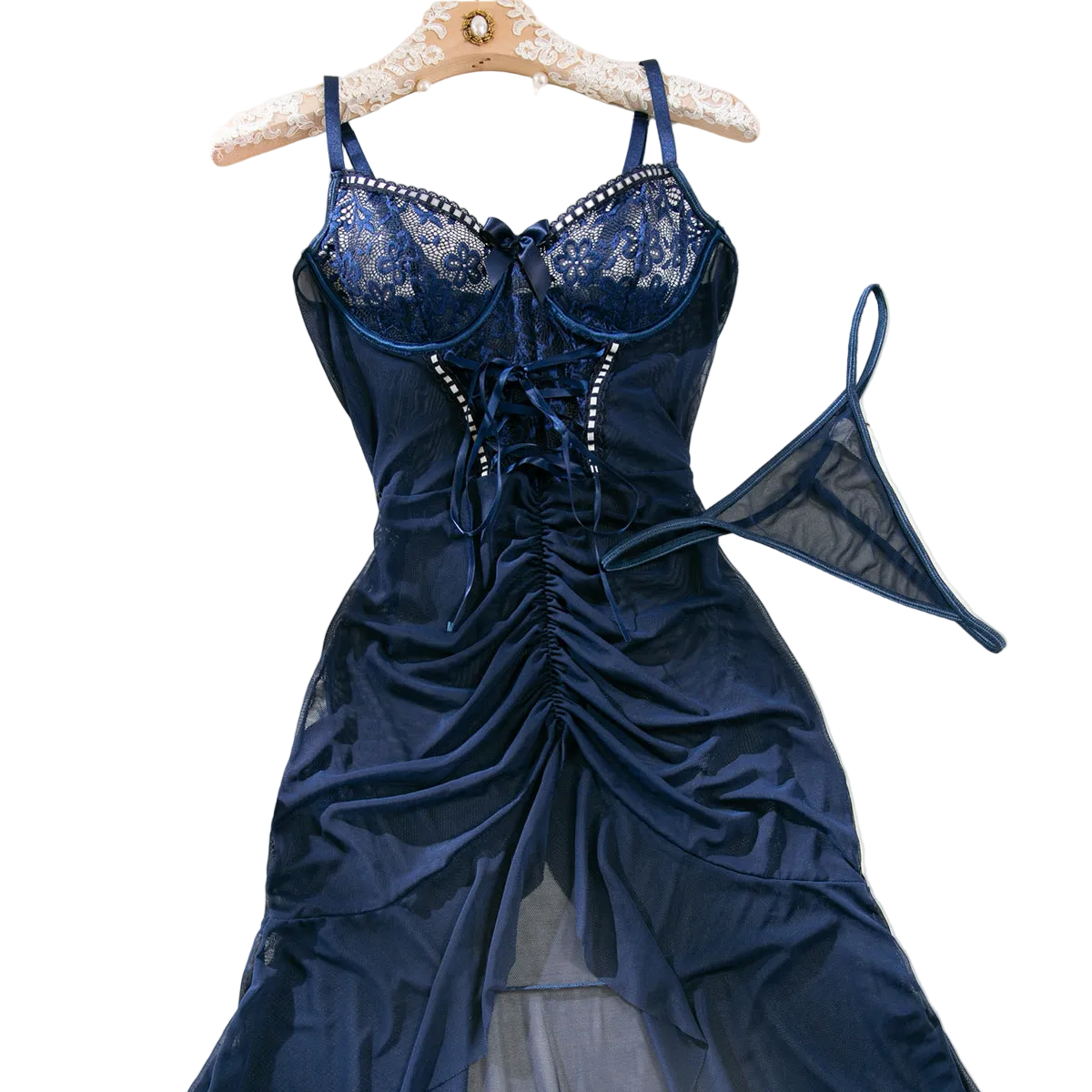 House Of Dasein Cross Border Sexy Lace Transparent Temptation Ultra Thin Mesh Dress And Thong Set - Navy Blue - Xl