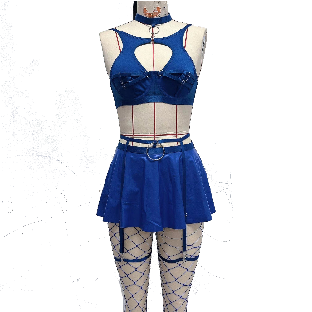 Lace Erotic Lingerie Set Sexy Bra Solid Color Leather - Blue - Xxl