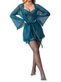 House Of Dasein Lace One Piece Sleepwear Flare Sleeve Sexy Belted Lingerie Set With Stockings For Women - Peacock Blue - L