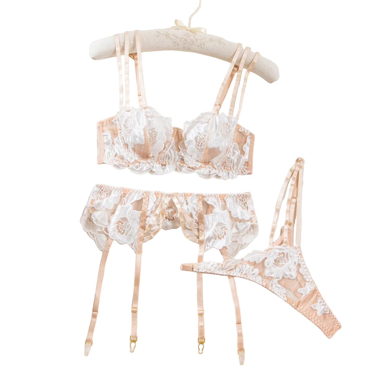 House Of Dasein Sexy Sheer Lace Embroidered Hollow-Out Shapewear Erotic Lingerie Garter Belt Three-Piece Set - White - S