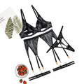 House Of Dasein Hollow Out Backless Transparent Sexy Lingerie Garter Belt Four Piece Set - Black - L