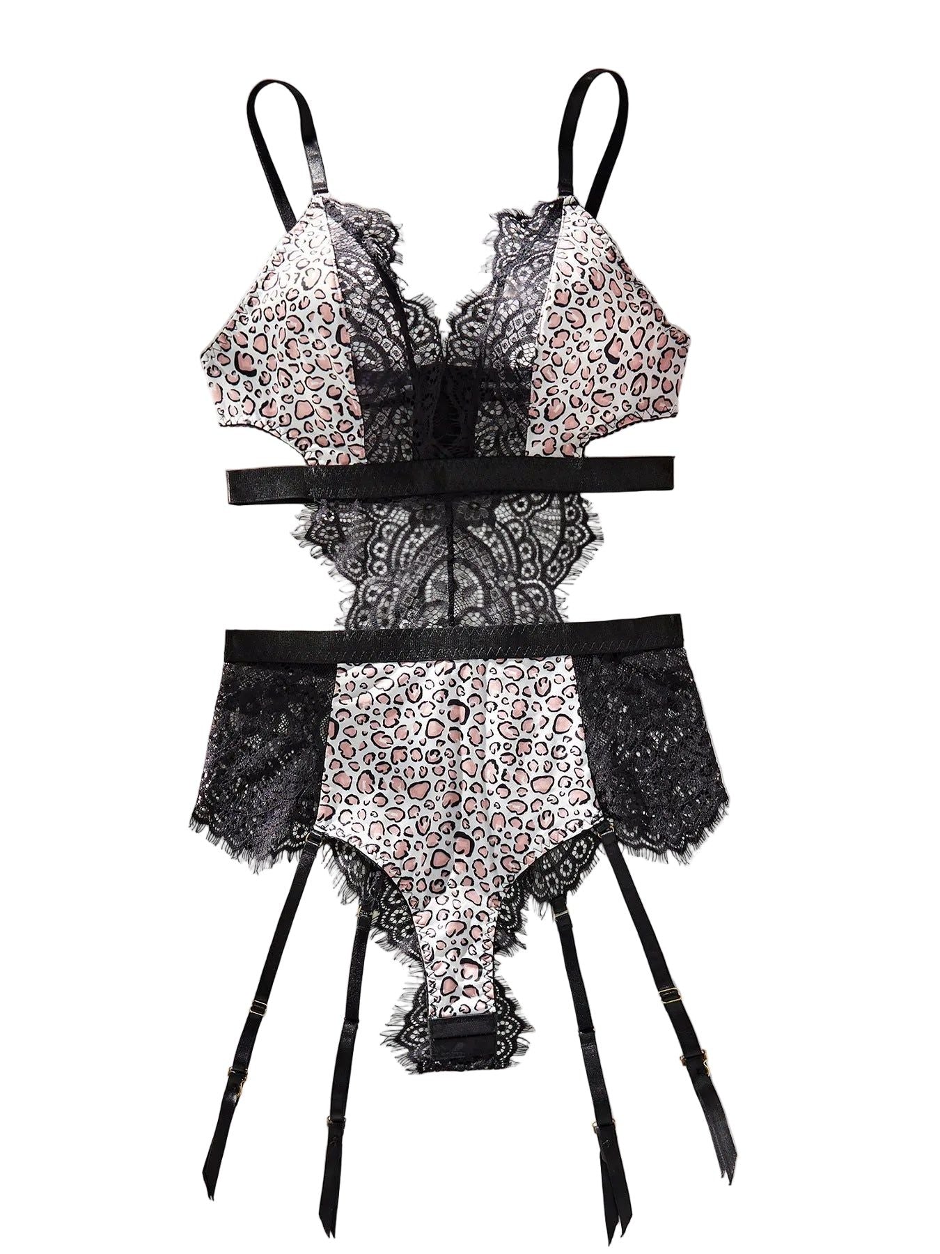 House Of Dasein Lace Patchwork Leopard Print Fabric Low Cut Without Steel Ring Sexy Lingerie For Women - Black Leopard Pattern Color - M