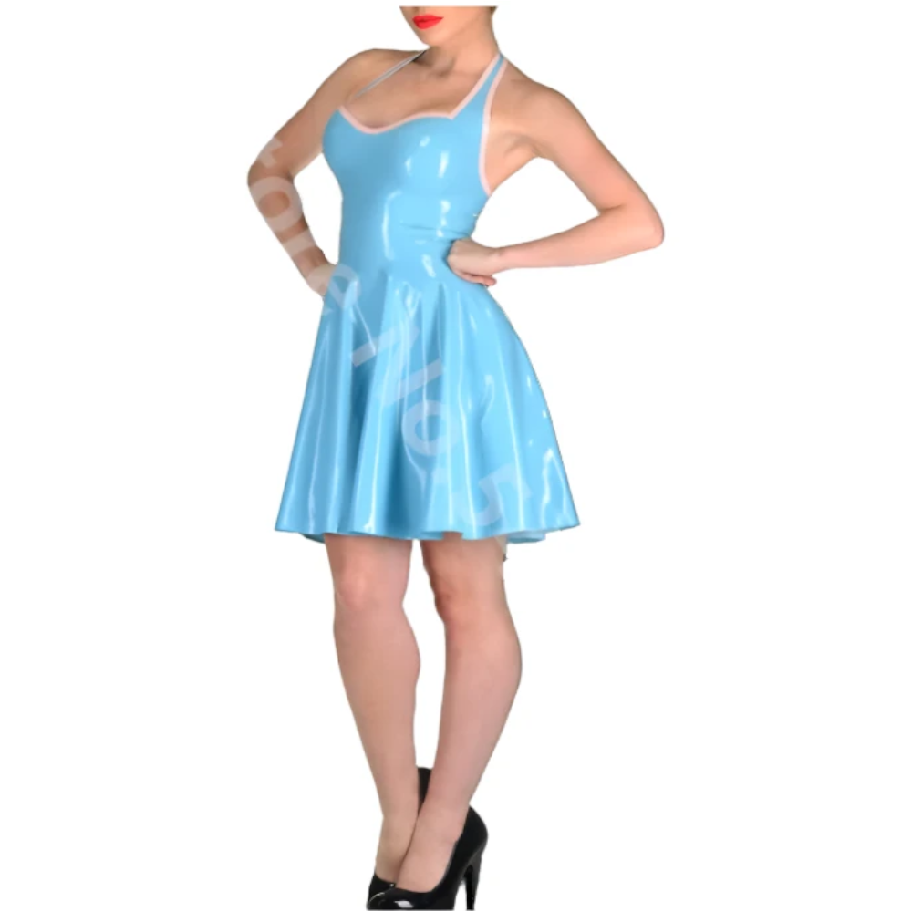 House Of Dasein Latex Halter A Line Dress Blue Rubber Clubwear Skirt Women's Costumes - Light Blue - Xs