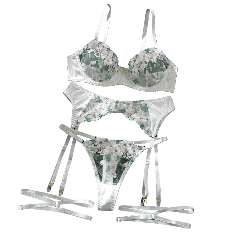House Of Dasein Sexy Mesh Embroidered Multi Color Floral Bra Set Hollow Shaping Lingerie Four Piece Suit For Women - White - L