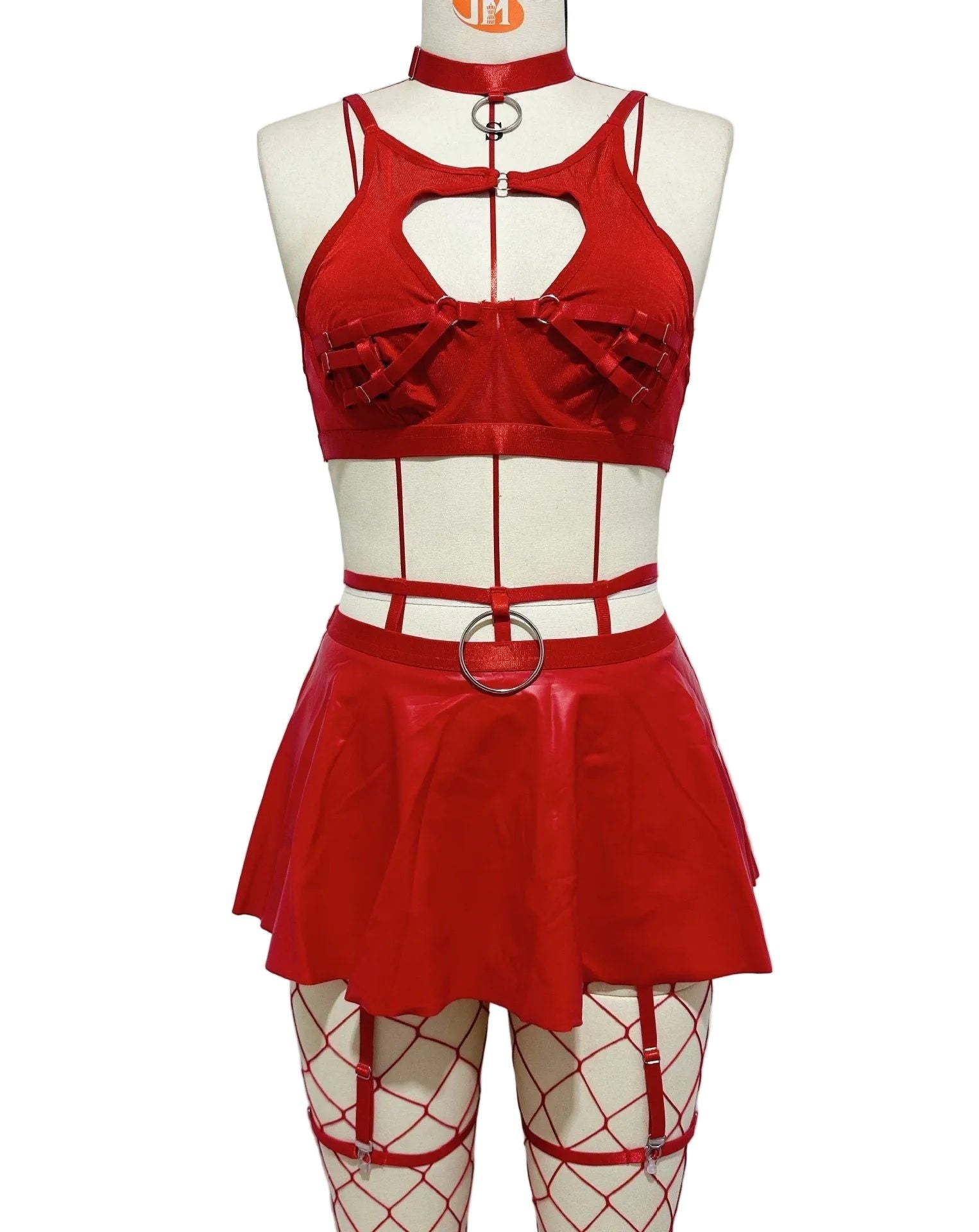 House Of Dasein Lace Sexy Lingerie Set Bra Solid Color Leather Skirt With Fishnet Stockings Women's - Red - S