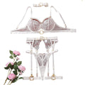 House Of Dasein Metal Buckle Embroidery Mesh Splicing Heavy Duty Erotic Lingerie Five Piece Set - White - M