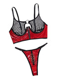 Mesh Sexy Patent Leather Women's Underwear Gathering With Steel Ring For Fun Two Piece Set - Black And Red - M