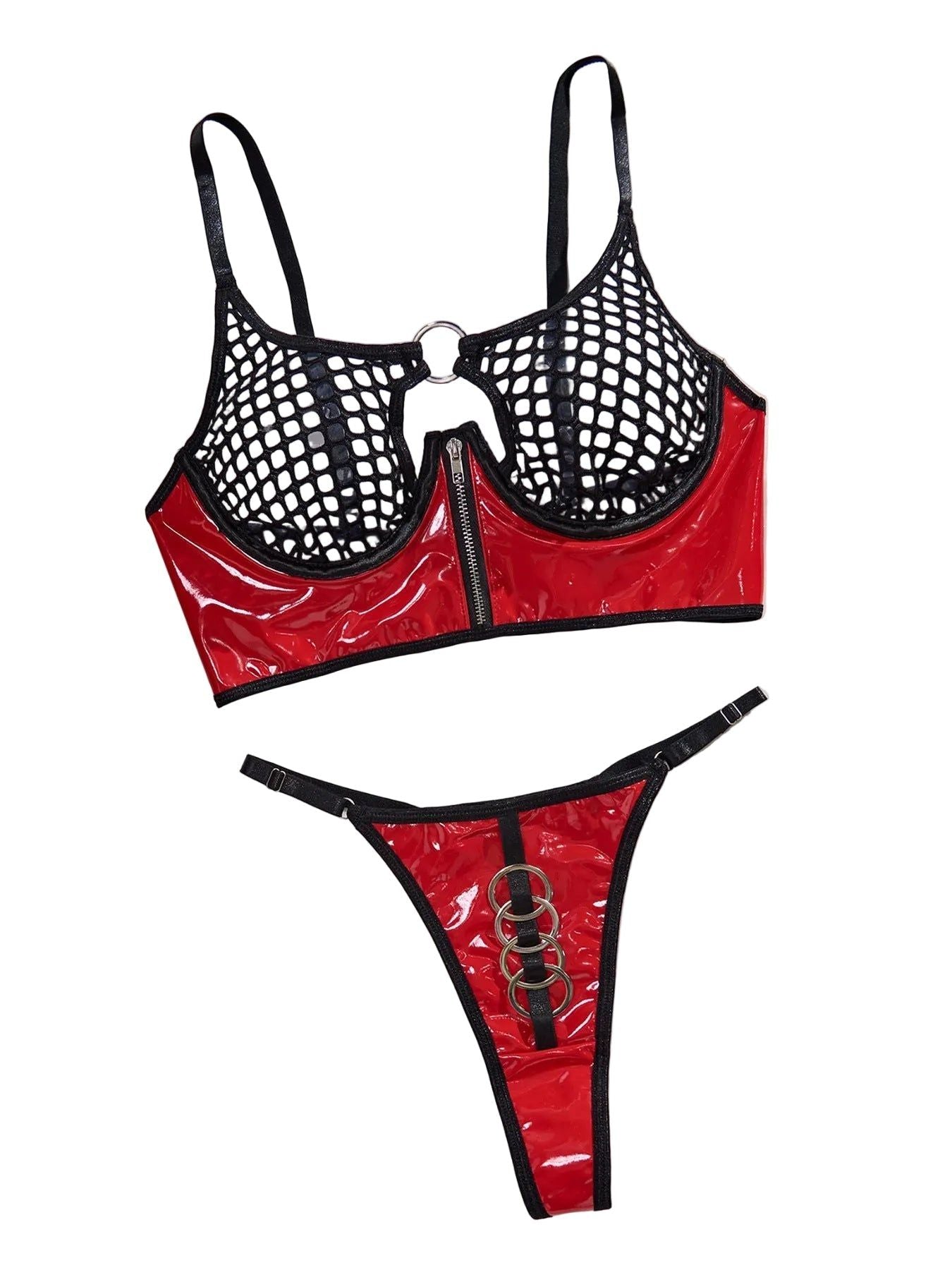 Mesh Sexy Patent Leather Women's Underwear Gathering With Steel Ring For Fun Two Piece Set - Black And Red - M
