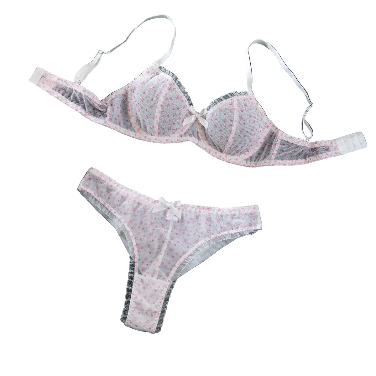 House Of Dasein Sexy Mesh Heart Print Bra Set Ultra Thin Comfortable Tempting Lingerie Two Piece - Crushed Flower - L