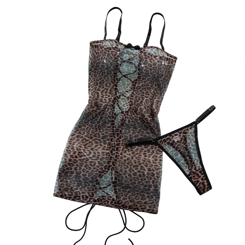 House Of Dasein Leopard Print Strapless Dress Women's Sexy Tie Hollow Temptation Slimming Erotic Lingerie Set - Leopard Print - Xl
