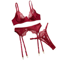 House Of Dasein Sexy Embroidered Lace Bra Underwear Hollow Out Three Piece Backless Women's Lingerie With Silk Stockings - Wine Red - L