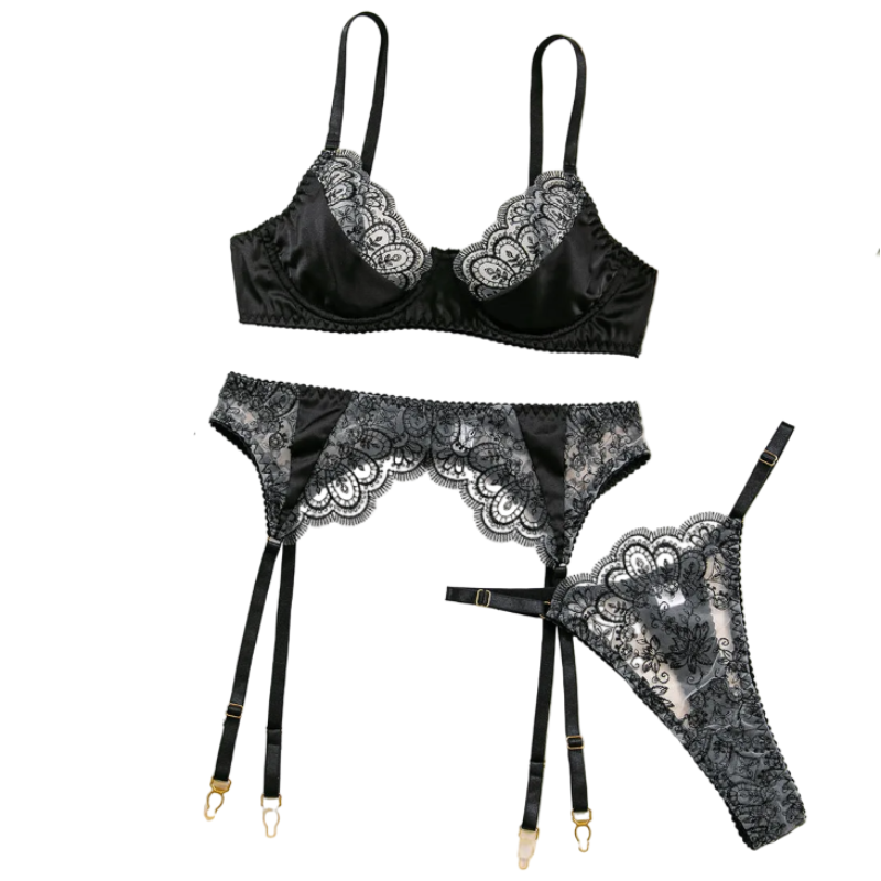 House Of Dasein Sexy Embroidered Lace Bra Underwear Hollow Out Three Piece Backless Women's Lingerie With Silk Stockings - Black - S