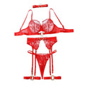 House Of Dasein Metal Buckle Embroidery Mesh Splicing Heavy Duty Erotic Lingerie Five Piece Set - Red - L