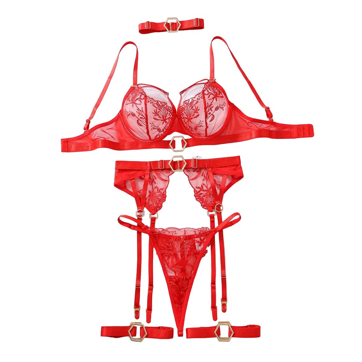 House Of Dasein Metal Buckle Embroidery Mesh Splicing Heavy Duty Erotic Lingerie Five Piece Set - Red - L