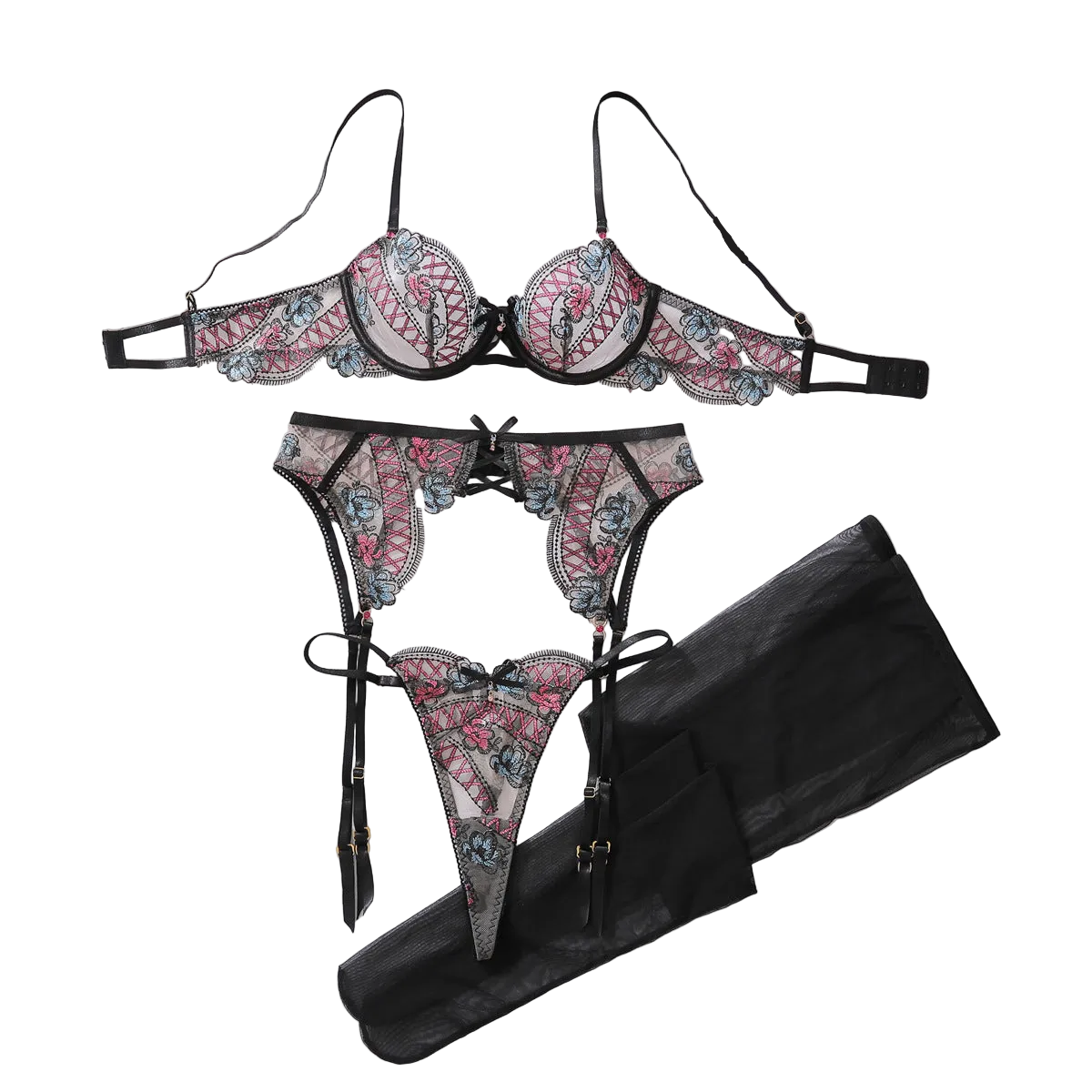 House Of Dasein Color Blocked Floral Embroidery Pure Desire Perspective Shaping Sexy Lingerie Split Set - Black Pink - S