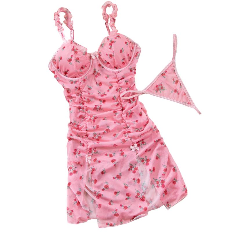 House Of Dasein Sexy Lingerie Pink Printed Valentine's Day Strap Nightgown Uniform Temptation Thong Set - Pink - Xl
