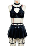 House Of Dasein Lace Sexy Lingerie Set Bra Solid Color Leather Skirt With Fishnet Stockings Women's - Black - M