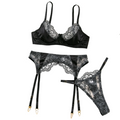 House Of Dasein Sexy Embroidered Lace Bra Underwear Hollow Out Three Piece Backless Women's Lingerie With Silk Stockings - Black - L