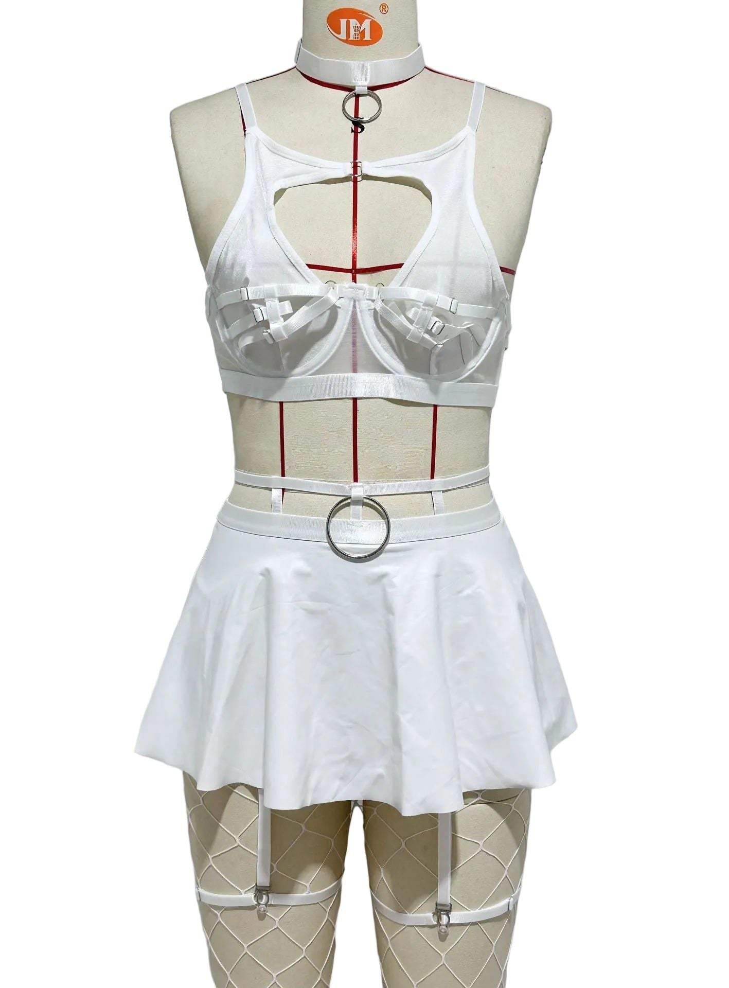 House Of Dasein Lace Sexy Lingerie Set Bra Solid Color Leather Skirt With Fishnet Stockings Women's - White - M